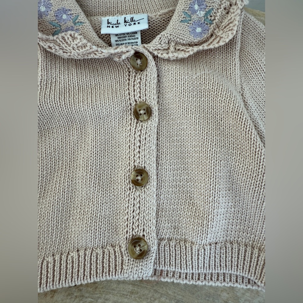 Nicole Miller Knit Baby Cardigan Floral Embroidered Collar Sweater Size 0–3M NWT - Picture 7 of 8